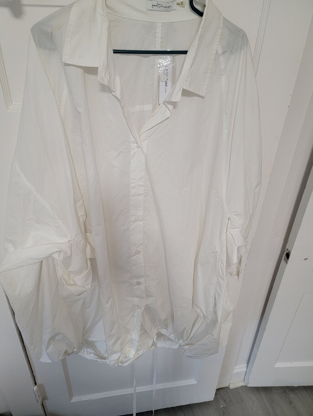 White Button-Front Drawstring Hem Shirt Dress